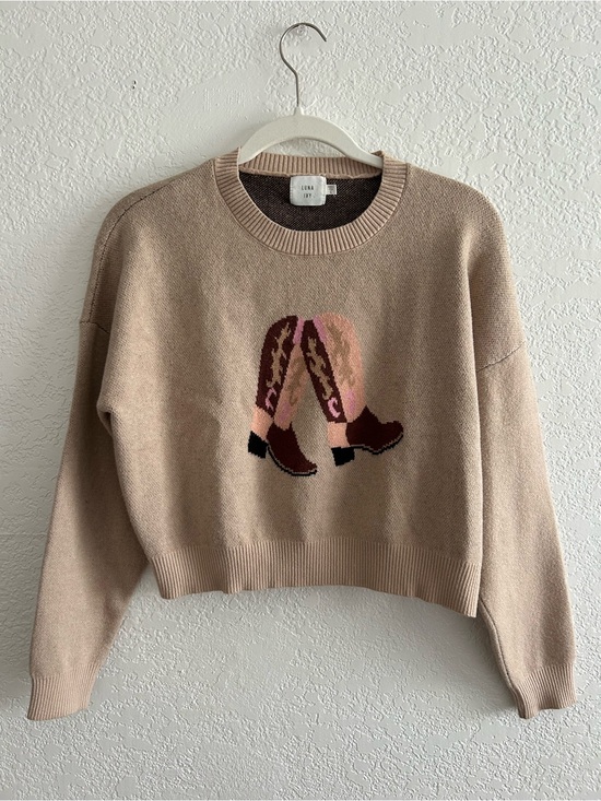 Luna Ivy Sweaters - Luna Ivy Western Cottagecore Cowboy Boots Print Beige Cream Sweater